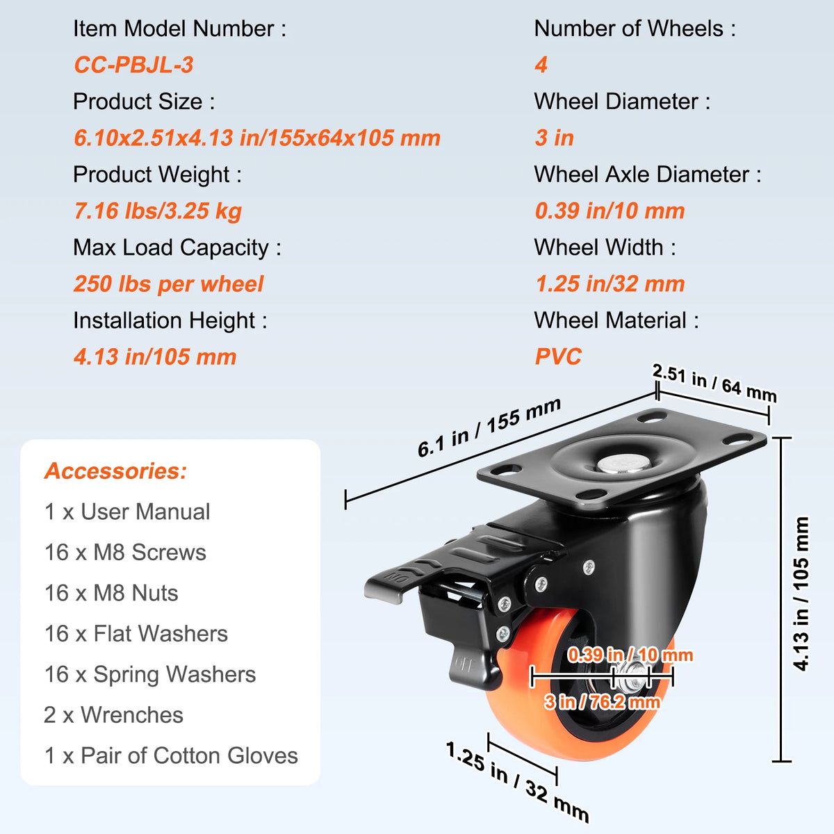 SucceBuy 2/3/4/5/6-inch Swivel Plate Casters Set of 4