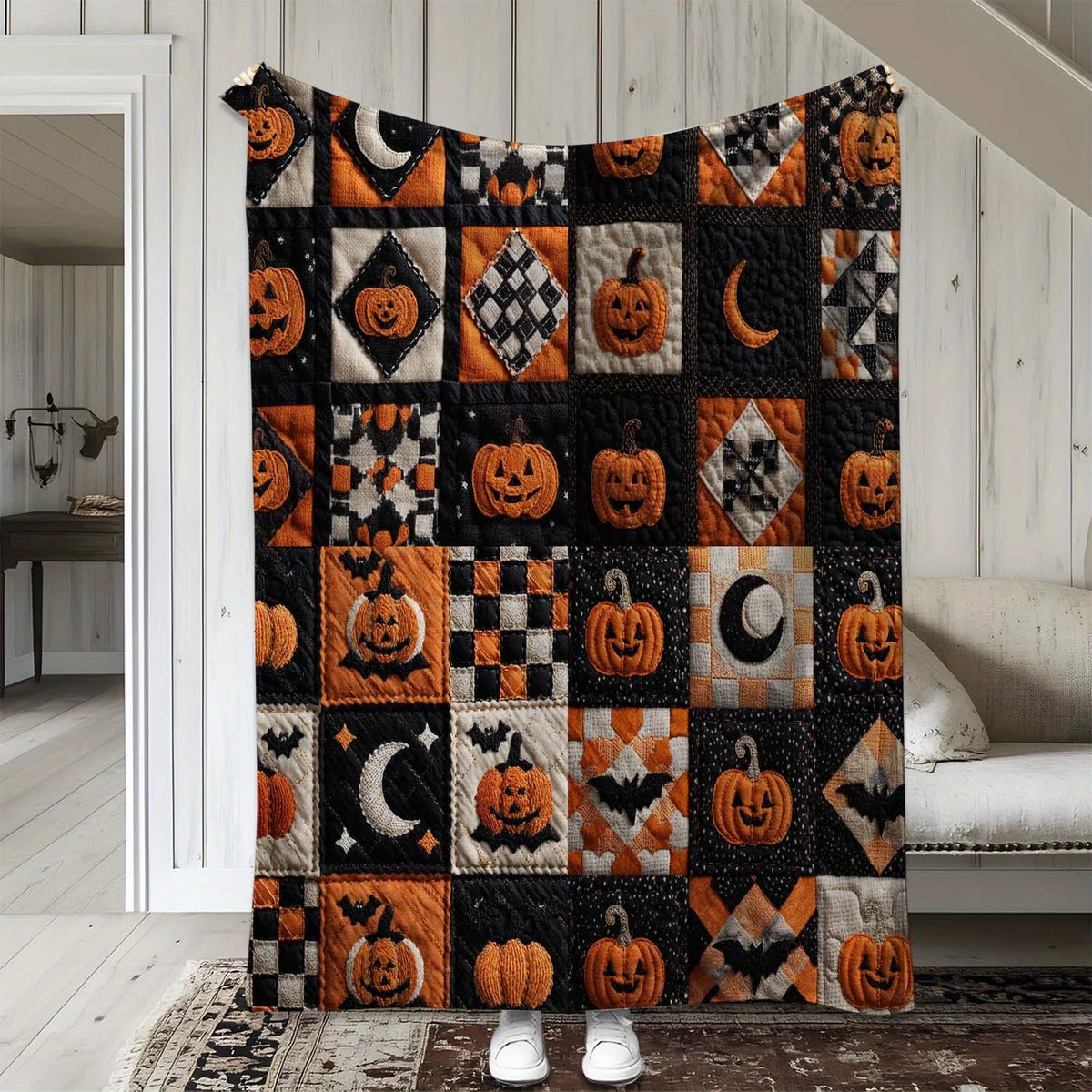 1pc Halloween Plaid Pumpkin Moon Print Flannel Blanket