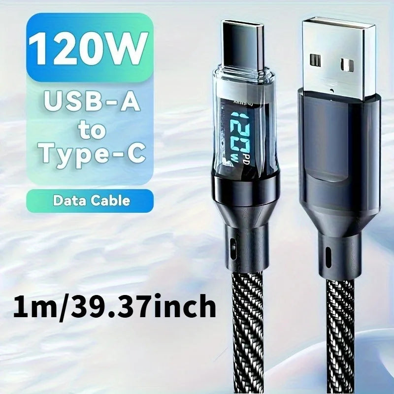 120W USB to Type C Cable Phone Super Fast Charging Cable With LED Display 100W Type-C To Type-C Data Cord For Huawei Oppo Vivo
