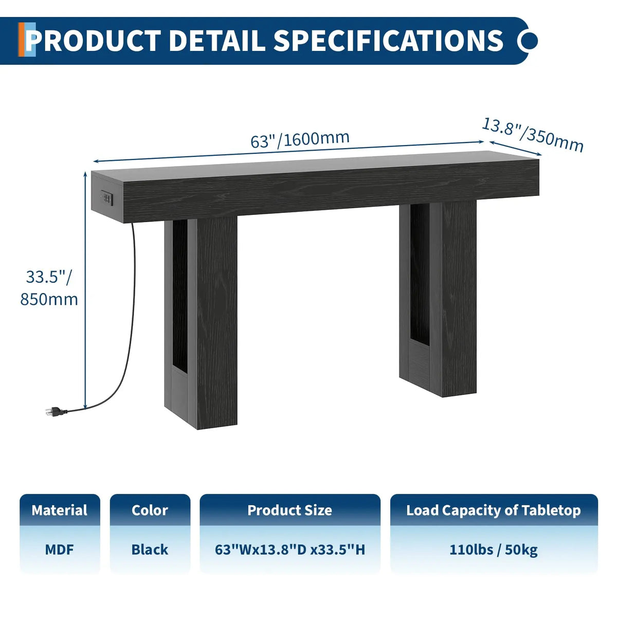 63" Console Table With Power Outlet & USB-C