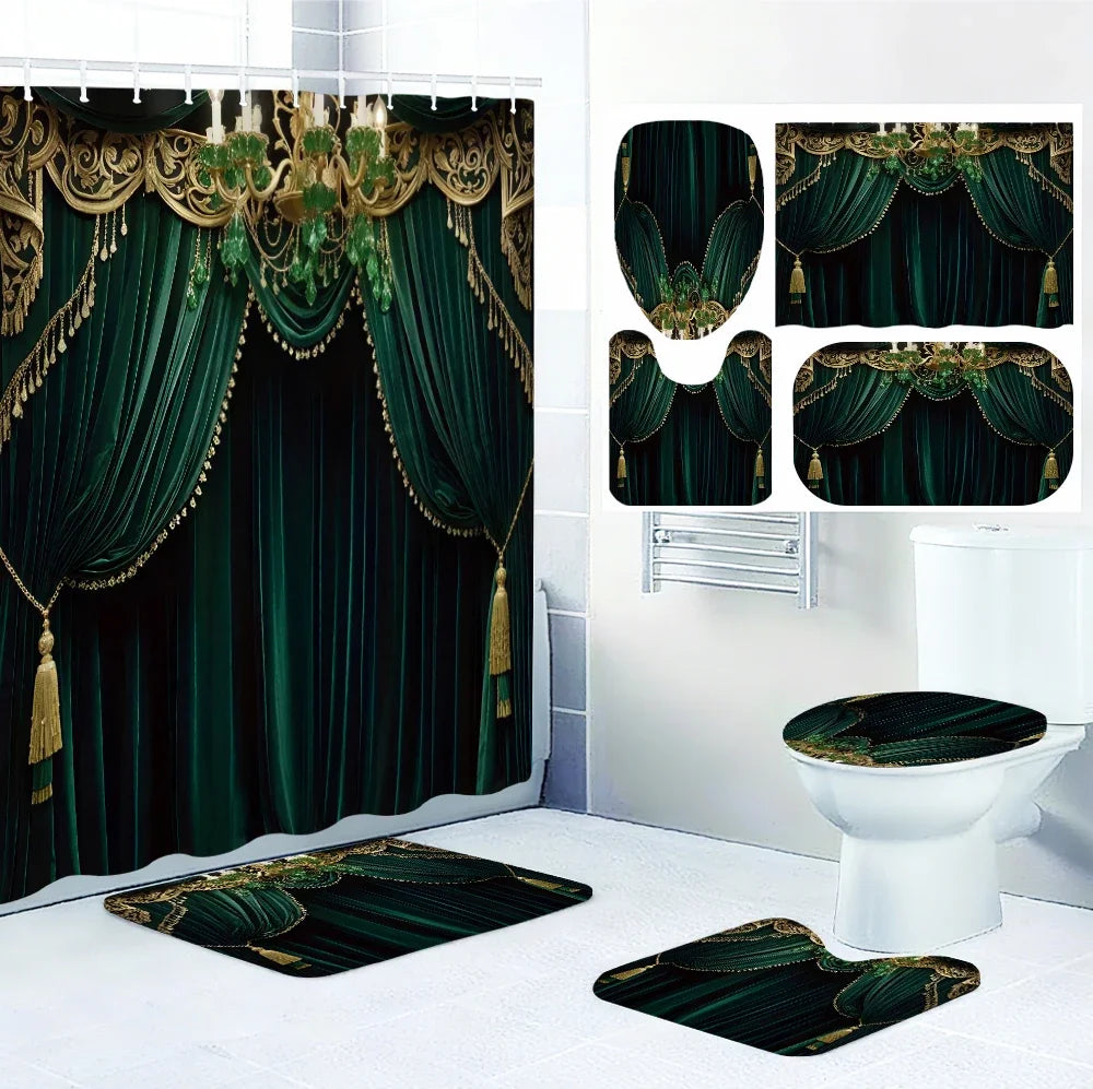 4pc Elegant And Green Bath Curtain Set