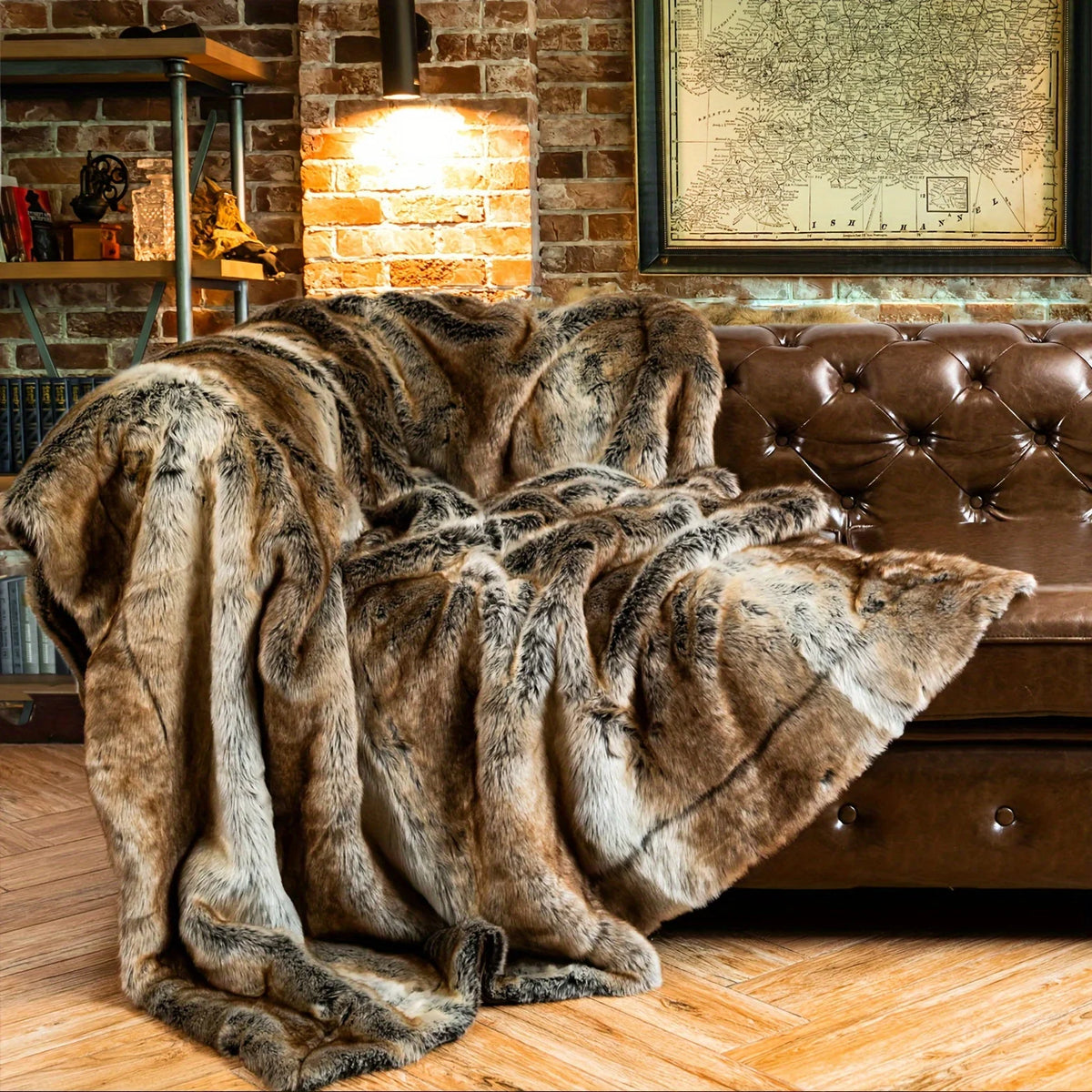 1pc Brown Faux Fur Throw Blanket