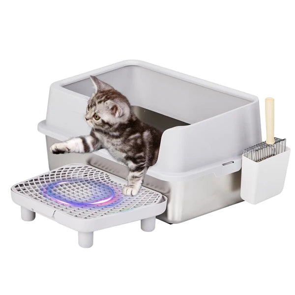 Stainless Steel Cat Litter Box with Lid, Extra Large Litter Pan with High Sides for Big Cats, Kitty Litter Box with Pedal Filter